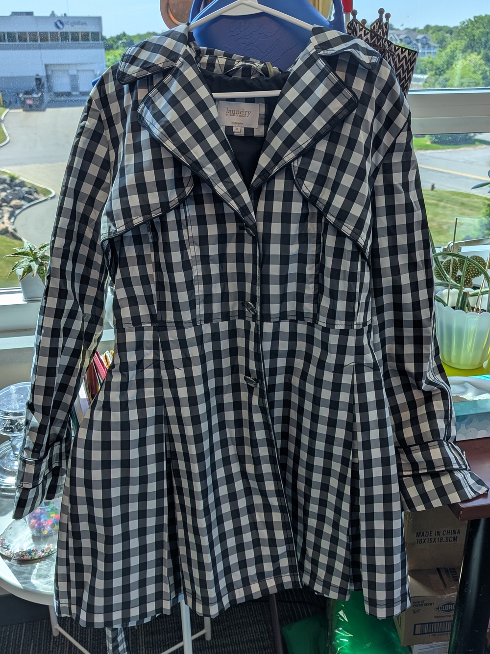 Black & White Gingham Fit-and-Flare Belted Trench/ Raincoat